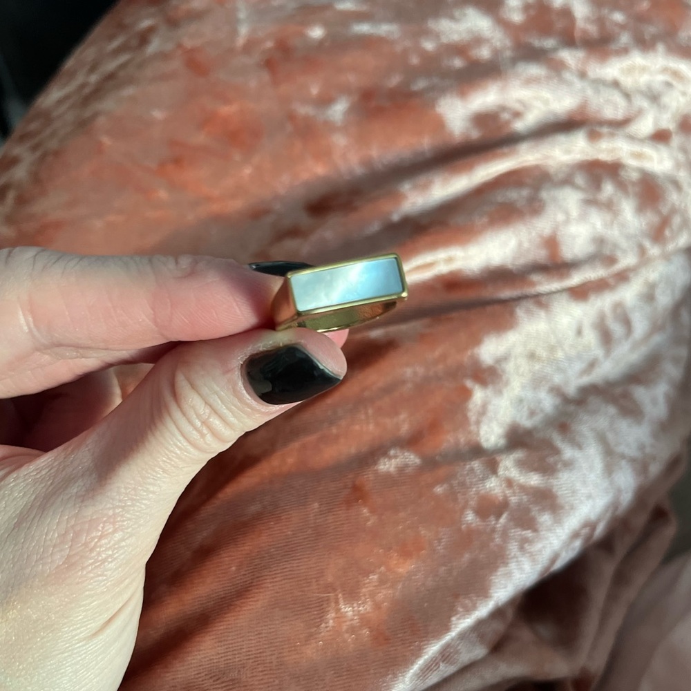 White Natural Shell Geometric Gold Plated Open Bar Ring